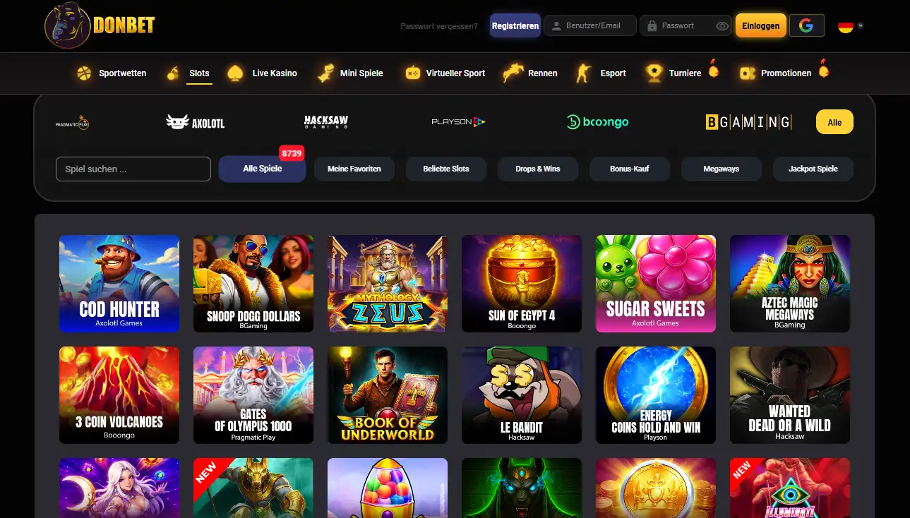 Screenshot der Donbet Slot-Kategorie mit Spielkacheln und sichtbarer Navigation