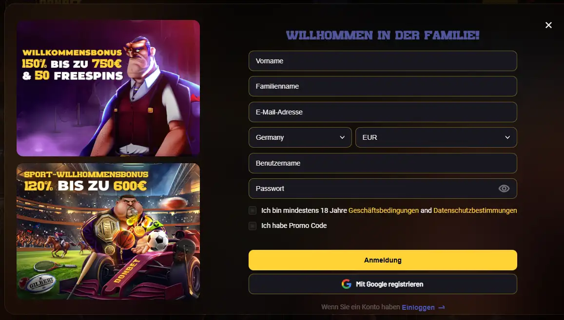 Screenshot des aktuellen Donbet Registrierungsformulars