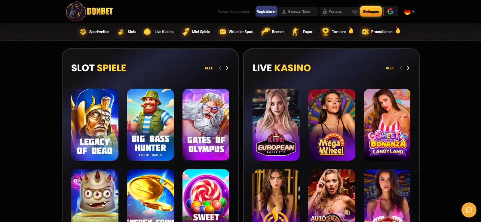 Screenshot der Donbet Spielelobby mit sichtbaren Spielkategorien