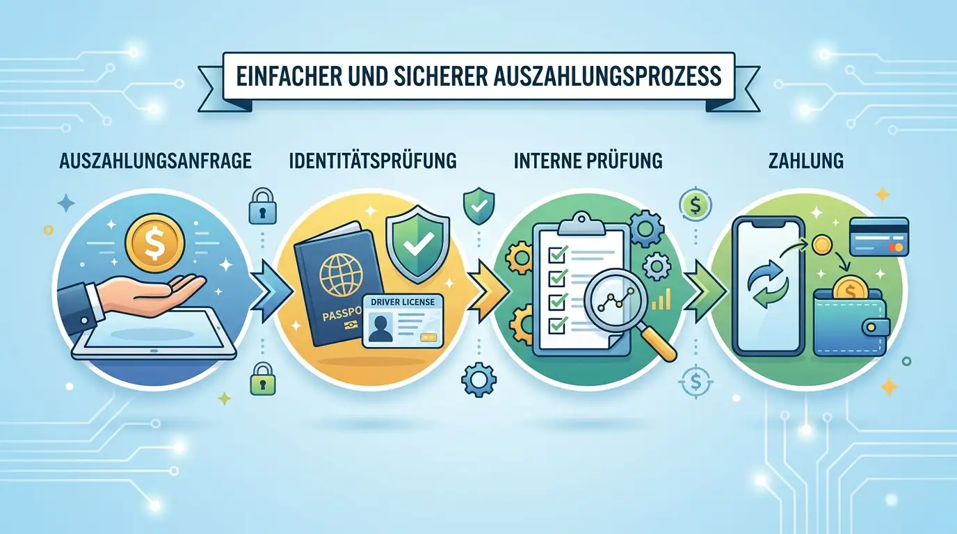 Neutrale Ablaufdarstellung einer Auszahlung von Anfrage über KYC und Prüfung bis zur Zahlung