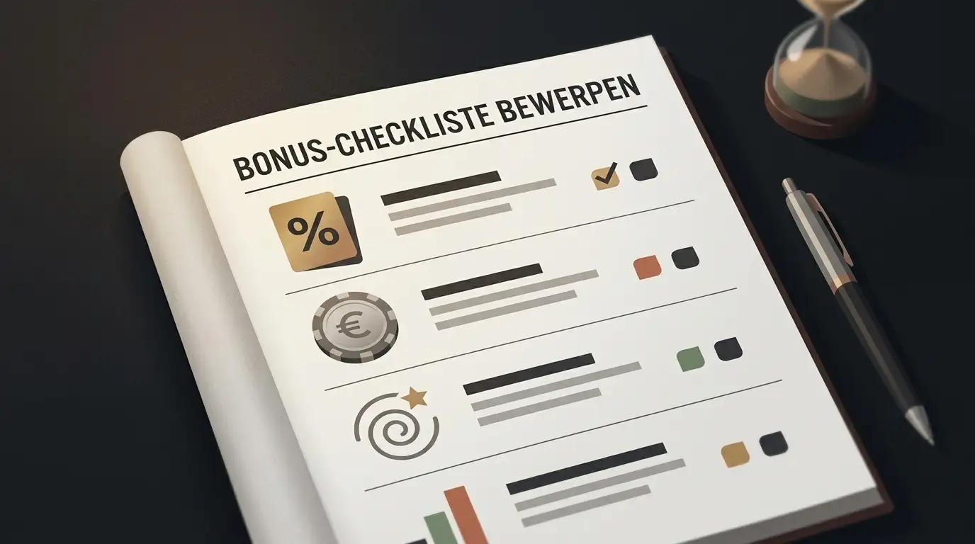 Illustrative Checkliste zur Bewertung eines Casino-Bonus mit Prozentwert, Euro-Betrag und Freispielen