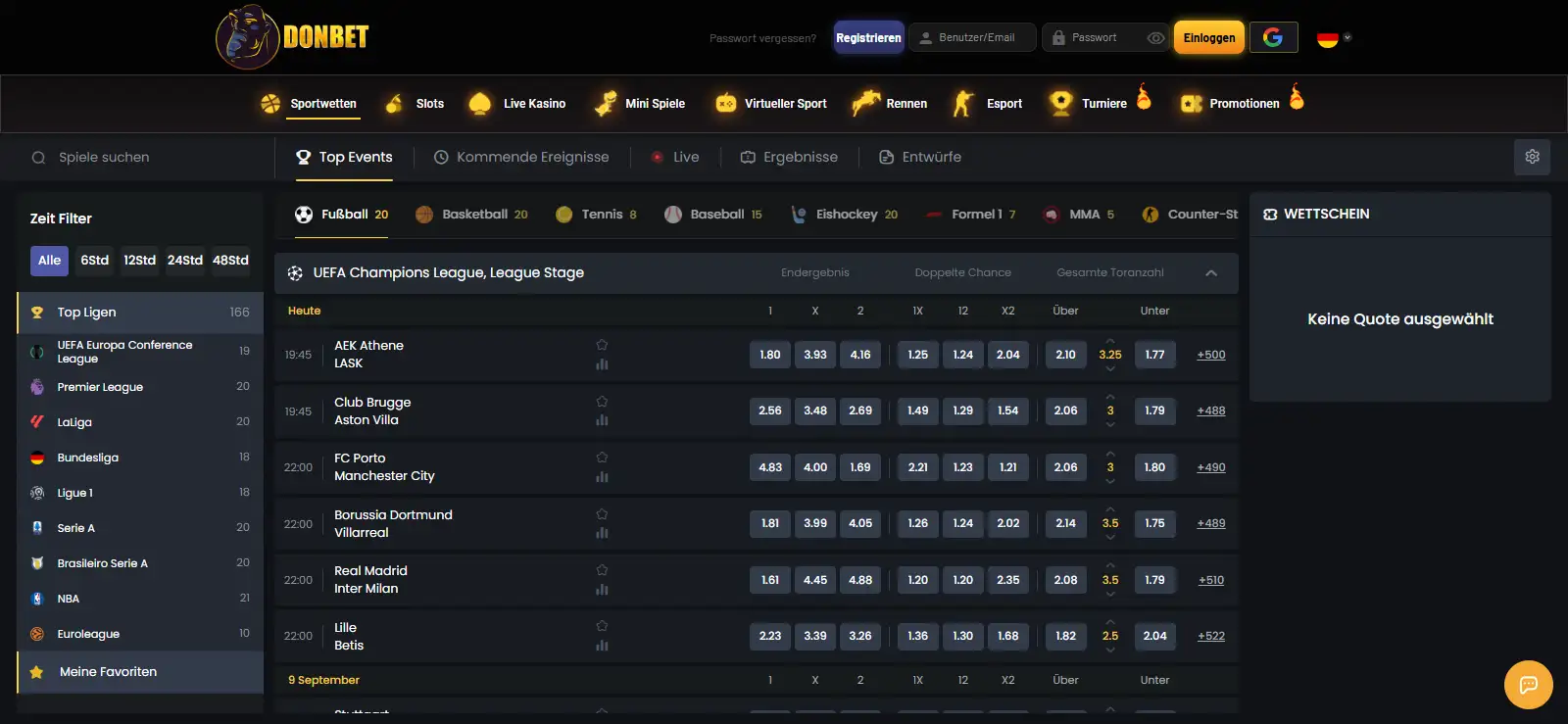 Screenshot der Donbet Sportsbook-Oberfläche mit Pre-Match- und Live-Navigation