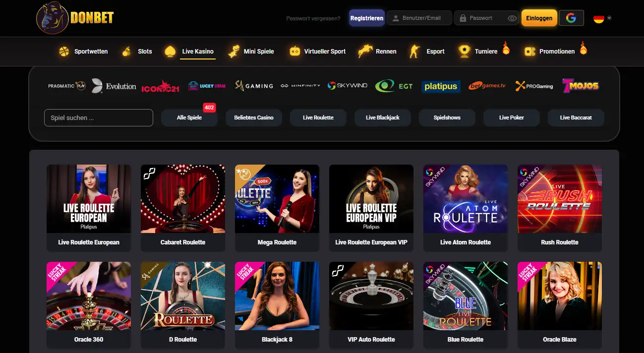 Screenshot der Donbet Live-Casino-Lobby mit Dealer-Spielkategorien