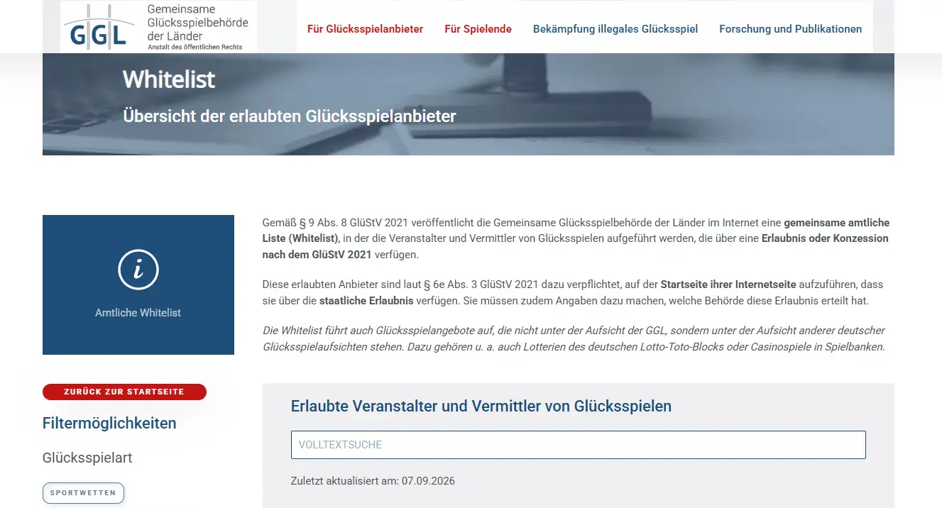 Geplanter Screenshot der offiziellen GGL-Whitelist zur Prüfung des Donbet-Lizenzstatus
