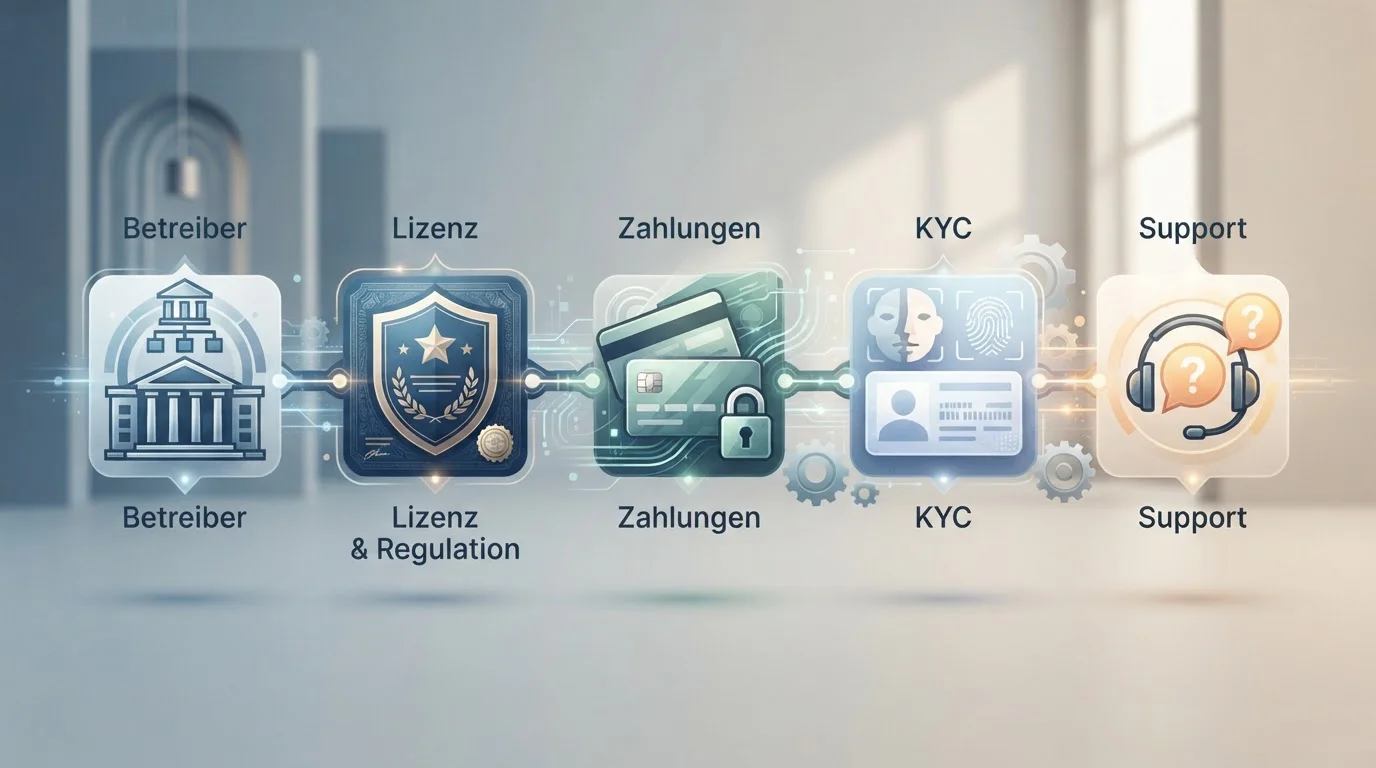 Illustrative Prüfmatrix für Betreiber, Lizenz, Zahlungen, KYC und Support bei Donbet