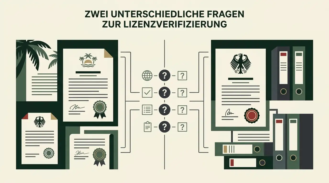 Abstrakte Darstellung der getrennten Prüfung von Curaçao-Lizenz und deutscher GGL-Whitelist